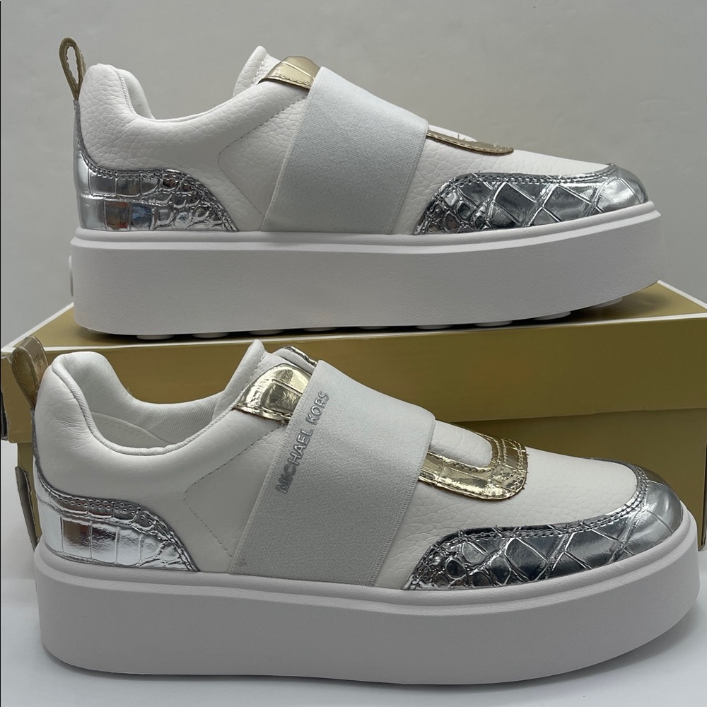 MICHAEL KORS Romey Mixed Media Slip-On Faux Tambled Platform Sneaker
Silver Mult